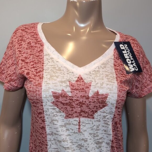 3/$20 WORLD CALHOUN Canadian Flag Burnout Tunic Tshirt Vneck Canada Day Top - Picture 3 of 12